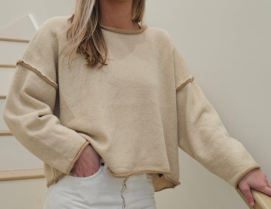 "Edge Out" Rolled Sweater-  Almond