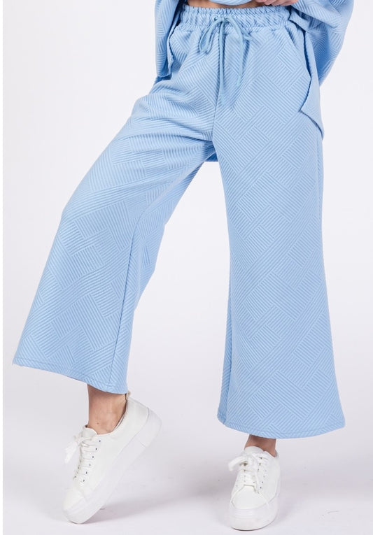 Gulf Coast Patterned French Terry Wide Pants- Light Blue