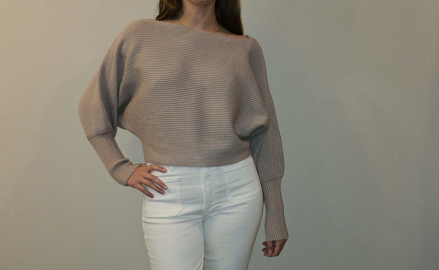 Seashell Wide Neck Ribbed Lightweight Sweater- Sand